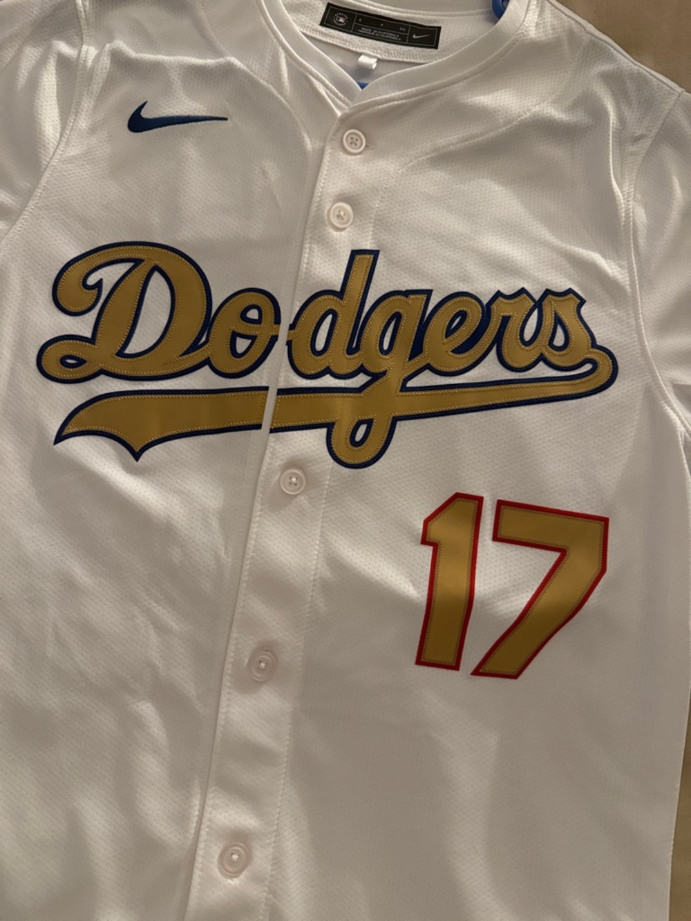 Nike White Dodgers Gold Script Baseball Jersey with Red-Trim Number 17
